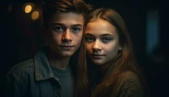 Two young adults, a brother and sister, embrace in studio generated by AI photo