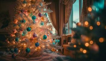 Shiny Christmas tree illuminated with glowing lights brings winter cheer generated by AI photo