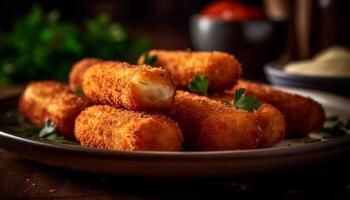 A gourmet appetizer plate with deep fried breaded seafood and parsley generated by AI photo