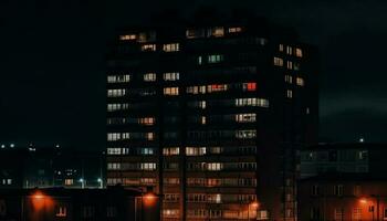 The modern city skyline glows with illuminated skyscrapers at dusk generated by AI photo