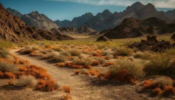 majestuoso montaña rango, tranquilo escena, No gente, árido clima generado por ai foto