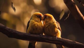 Two cute parakeets perching on a branch in nature beauty generated by AI photo