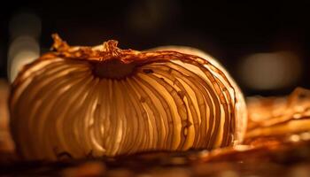 Ripe pumpkin on rustic table, a celebration of autumn bounty generated by AI photo