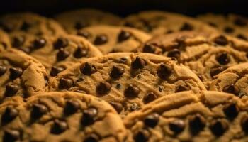 A close up of homemade gourmet chocolate chip cookies, indulgent temptation generated by AI photo