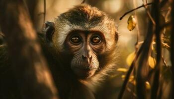 un linda joven macaco sentado en un rama, curioso adelante generado por ai foto