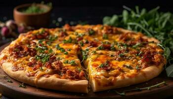 recién horneado gastrónomo Pizza con queso Mozzarella, carne, y vegetales generado por ai foto