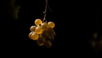 jugoso uva manojo colgando desde frondoso vino en otoño cosecha generado por ai foto