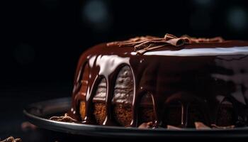 Decadent chocolate cake with whipped cream and fruit decoration generated by AI photo