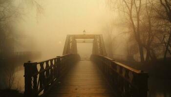 The foggy footbridge vanishes into the spooky autumn forest mystery generated by AI photo
