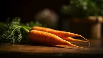 Fresh organic carrot bunch on rustic wooden cutting board indoors generated by AI photo