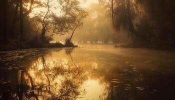 A tranquil scene of natural beauty foggy forest reflection generated by AI photo