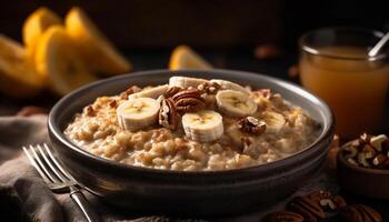 A rustic bowl of organic oatmeal with honey and walnuts generated by AI photo