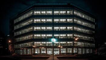 A futuristic skyscraper illuminates the city at dusk, reflecting modern architecture generated by AI photo