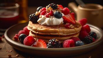 A stack of homemade blueberry pancakes with raspberry syrup drizzle generated by AI photo