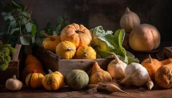 Rustic autumn table decoration Fresh organic gourd collection for Halloween generated by AI photo