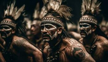 indígena líderes celebrar tradicional festival con cara pintar y pluma generado por ai foto