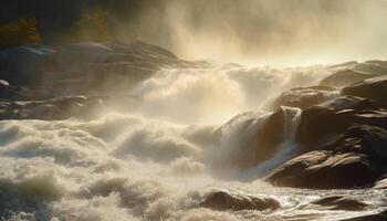 Majestic cliff stands tall as waves crash against rocky shore generated by AI photo