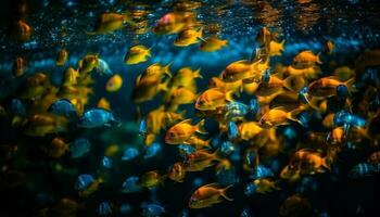 A school of multi colored fish swim in a vibrant reef generated by AI photo