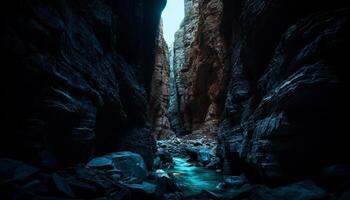 explorador el majestuoso montaña rango, un tranquilo escena de fluido agua generado por ai foto