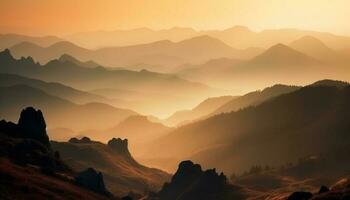 Majestic mountain range silhouetted at sunset, a tranquil scene generated by AI photo
