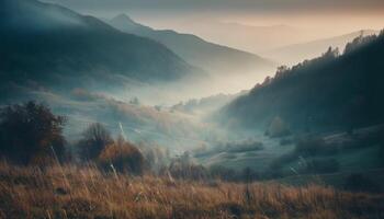 Majestic mountain range, tranquil meadow, mysterious fog, serene beauty generated by AI photo