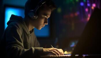 One young man enjoying music with headphones in recording studio generated by AI photo