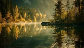 Tranquil autumn forest reflects multi colored beauty in nature silence generated by AI photo