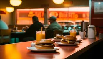 Fresco gastrónomo hamburguesa y papas fritas, Perfecto comida para ciudad la vida nocturna generado por ai foto