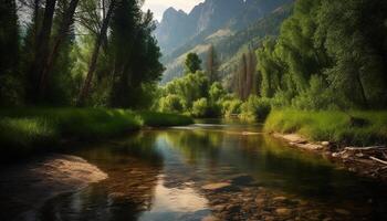 The majestic mountain range reflects in the tranquil pond water generated by AI photo