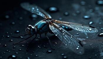 Macro shot of a wet fly delicate transparent wings generated by AI photo