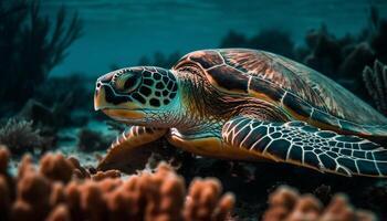 A tranquil underwater adventure with a majestic hawksbill turtle generated by AI photo