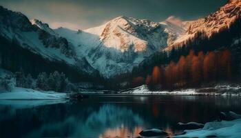 The majestic mountain peak reflects in tranquil water, natural beauty generated by AI photo