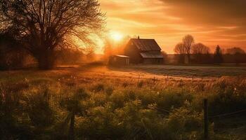 rústico granero y casa de Campo en tranquilo prado a puesta de sol generado por ai foto