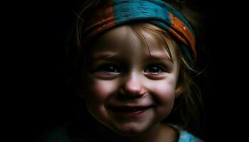 linda niña sonriente, mirando a cámara, alegre en negro antecedentes generado por ai foto