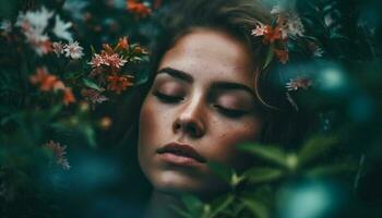 un joven mujer belleza floraciones en naturaleza tranquilo abrazo generado por ai foto