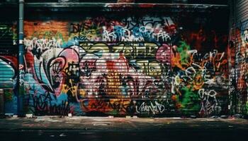 Vibrant graffiti mural brings chaotic city street to life at night generated by AI photo