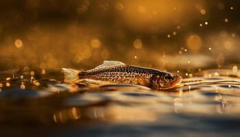 un dorado koi carpa nada en tranquilo estanque a puesta de sol generado por ai foto