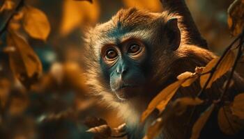 Cute young macaque staring at camera in African rainforest generated by AI photo