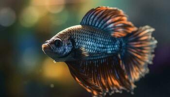Aggressive siamese fighting fish flaunt multi colored tails in aquarium luxury generated by AI photo