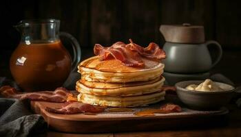 A rustic brunch plate pancakes, bacon, fruit, and honey drizzle generated by AI photo