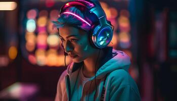 Young adults enjoy nightlife, listening to music with headphones generated by AI photo