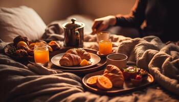 A comfortable bed, fresh croissant, and orange juice for breakfast generated by AI photo