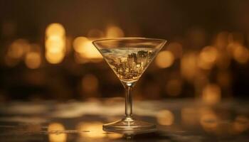 Elegant martini glass reflects celebration in illuminated nightclub atmosphere generated by AI photo