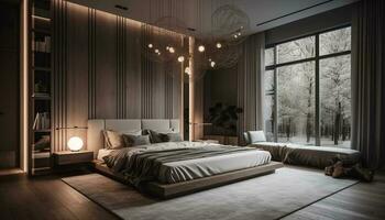 moderno lujo dormitorio cómodo, elegante, y iluminado para relajación generado por ai foto