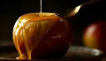 Fresco orgánico manzana con miel jarabe, un sano otoño bocadillo generado por ai foto