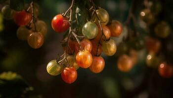 Ripe tomato on green branch, a fresh vegetable from nature generated by AI photo