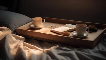 caliente capuchino en de madera mesa, acogedor lecho para relajación generado por ai foto