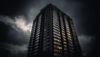 Steel skyscraper silhouette against moody sky, reflecting futuristic city life generated by AI photo