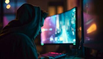 uno hombre, encapuchado camisa, concentración, jugando vídeo juego a noche generado por ai foto