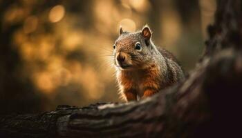 un linda suelo ardilla sentado en un árbol rama comiendo generado por ai foto